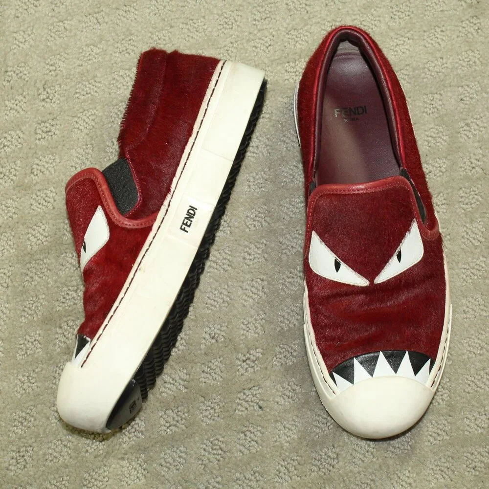 Fendi Women's Size 6 / 36 Red Monster Eyes Leather Calf Hair Sneakers COA
